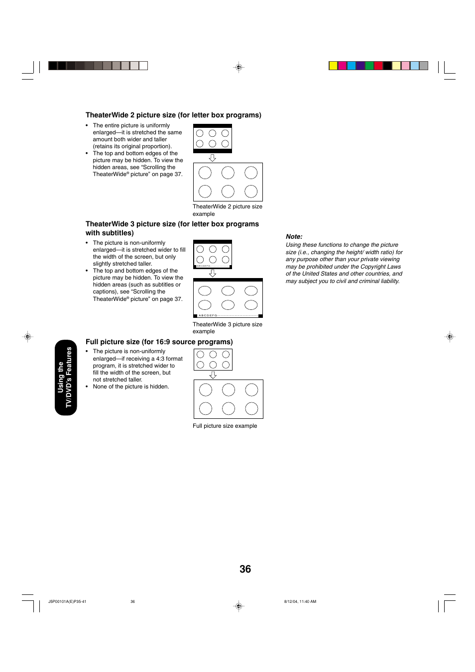 Full picture size (for 16:9 source programs) | Toshiba 23HLV84 User Manual | Page 36 / 68