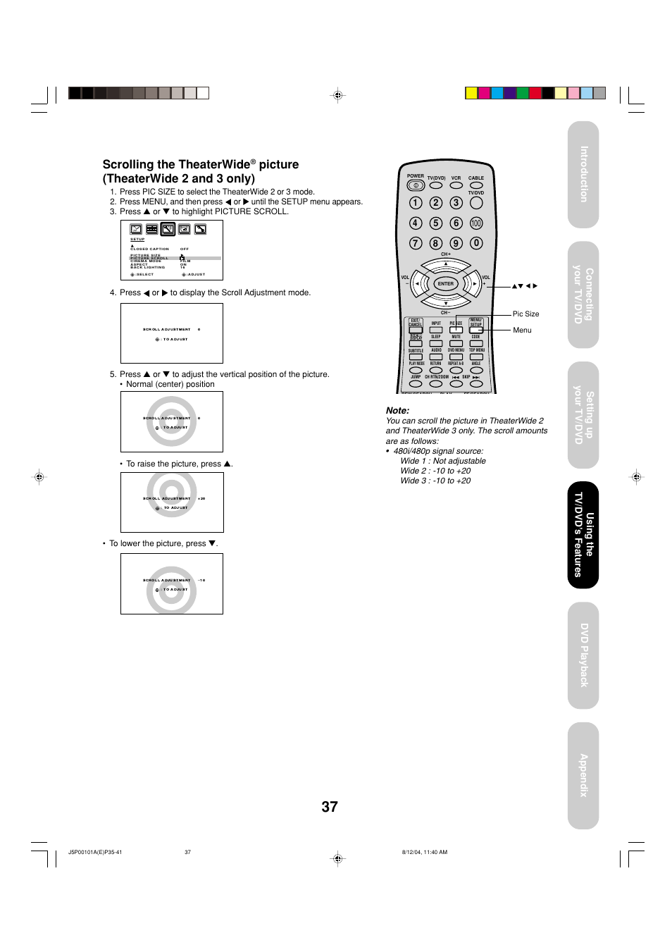 Scrolling the theaterwide, Picture (theaterwide 2 and 3 only), Using the tv/dvd ’s features | Toshiba 23HLV84 User Manual | Page 37 / 68
