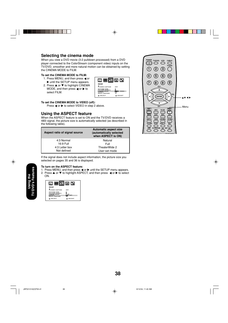 Selecting the cinema mode, Using the aspect feature, Using the tv/dvd ’s features | Toshiba 23HLV84 User Manual | Page 38 / 68