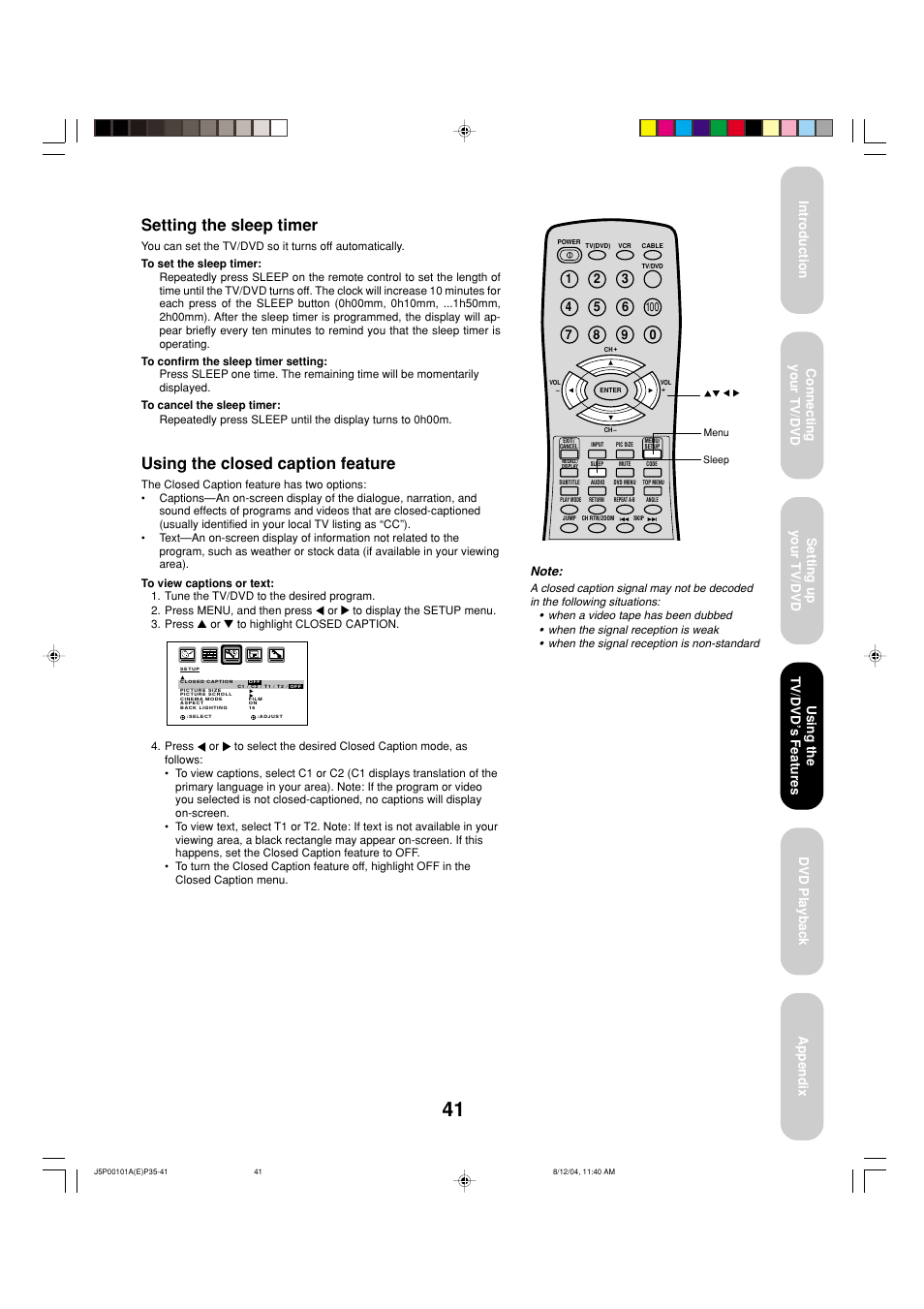 Setting the sleep timer, Using the closed caption feature, Using the tv/dvd ’s features | Toshiba 23HLV84 User Manual | Page 41 / 68