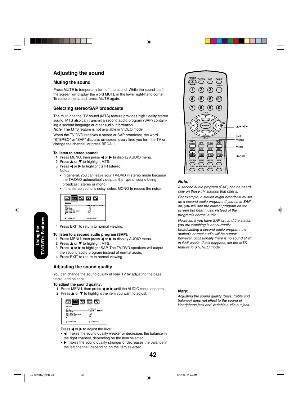 Adjusting the sound, Adjusting the sound quality, Muting the sound | Selecting stereo/sap broadcasts, Using the tv/dvd ’s features | Toshiba 23HLV84 User Manual | Page 42 / 68