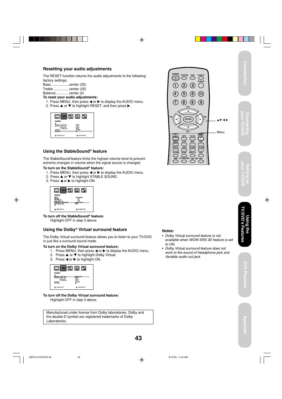 Using the stablesound, Feature, Using the dolby | Virtual surround feature, Resetting your audio adjustments, Using the tv/dvd ’s features | Toshiba 23HLV84 User Manual | Page 43 / 68