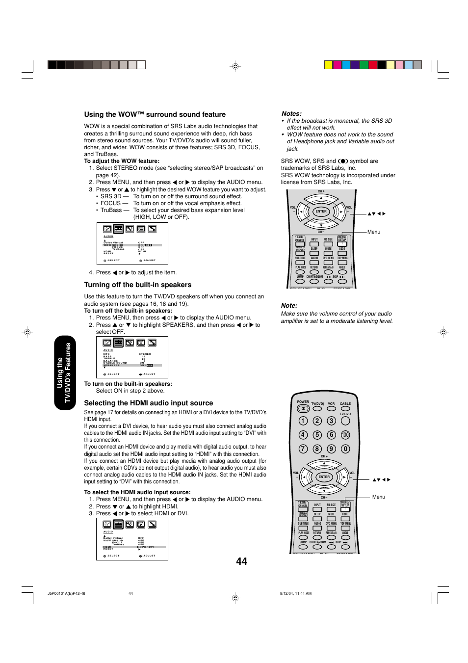 Using the wow™ surround sound feature, Turning off the built-in speakers, Selecting the hdmi audio input source | Using the tv/dvd ’s features | Toshiba 23HLV84 User Manual | Page 44 / 68