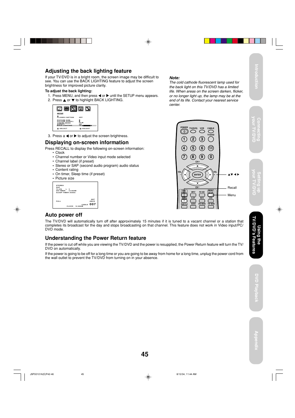 Auto power off, Understanding the power return feature, Adjusting the back lighting feature | Displaying on-screen information, Using the tv/dvd ’s features | Toshiba 23HLV84 User Manual | Page 45 / 68