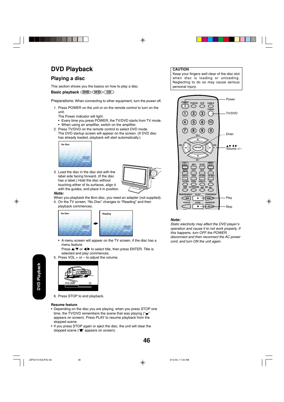 Dvd playback, Playing a disc, Basic playback | Preparations | Toshiba 23HLV84 User Manual | Page 46 / 68