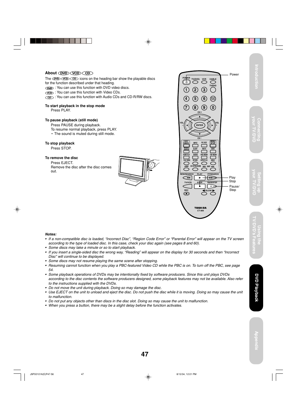 Dvd playback | Toshiba 23HLV84 User Manual | Page 47 / 68