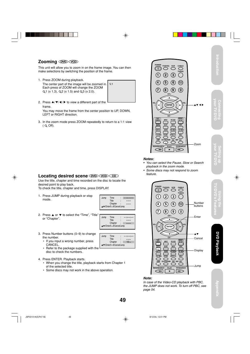 Zooming, Locating desired scene, Dvd playback | Toshiba 23HLV84 User Manual | Page 49 / 68