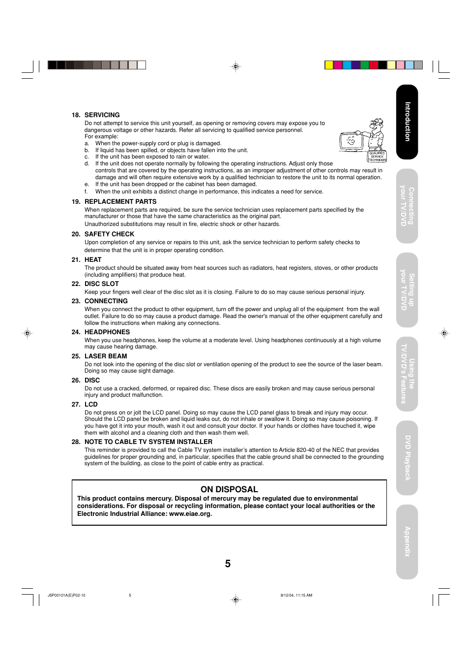 On disposal | Toshiba 23HLV84 User Manual | Page 5 / 68
