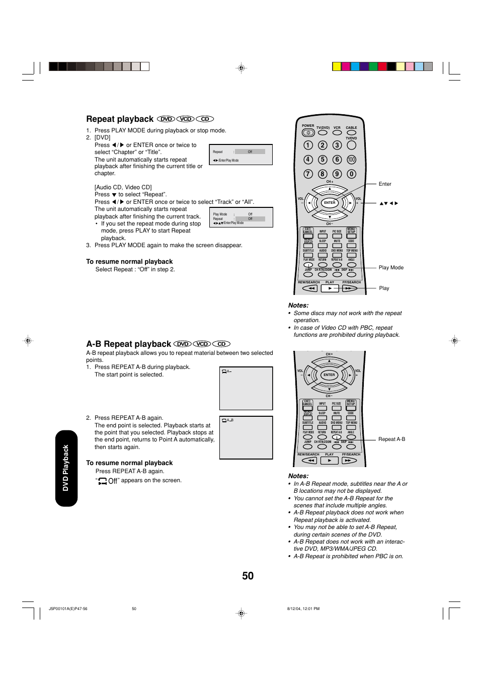 Repeat playback, A-b repeat playback, Dvd playback | Toshiba 23HLV84 User Manual | Page 50 / 68
