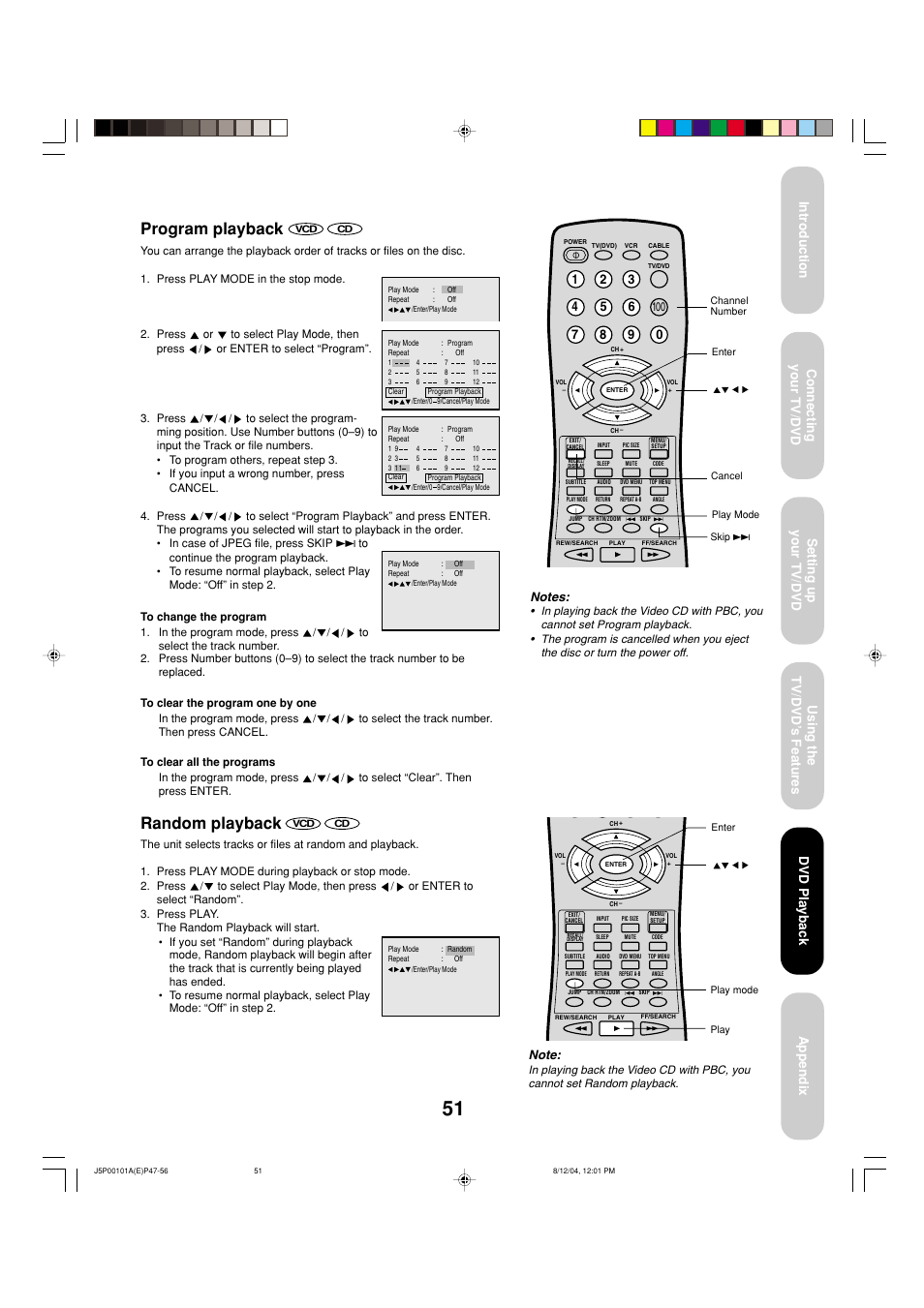 Program playback, Random playback, Dvd playback | Toshiba 23HLV84 User Manual | Page 51 / 68