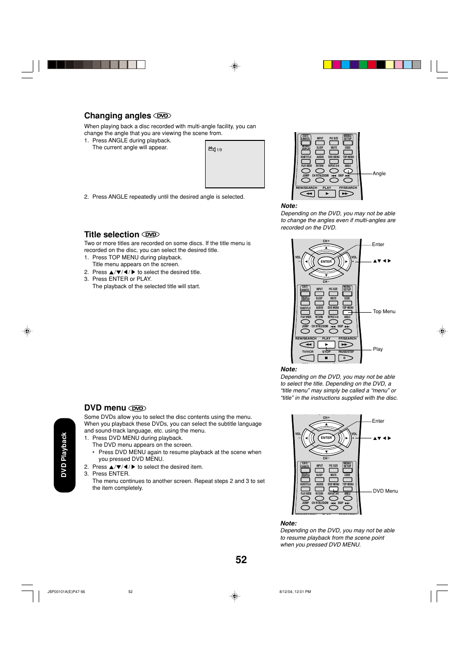 Changing angles, Title selection, Dvd menu | Dvd playback | Toshiba 23HLV84 User Manual | Page 52 / 68