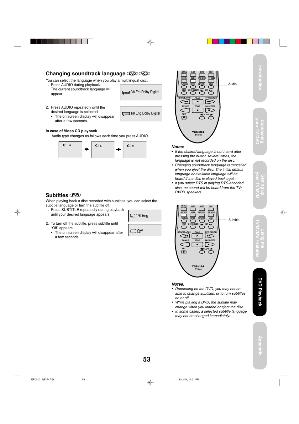 Changing soundtrack language, Subtitles, Dvd playback | Toshiba 23HLV84 User Manual | Page 53 / 68