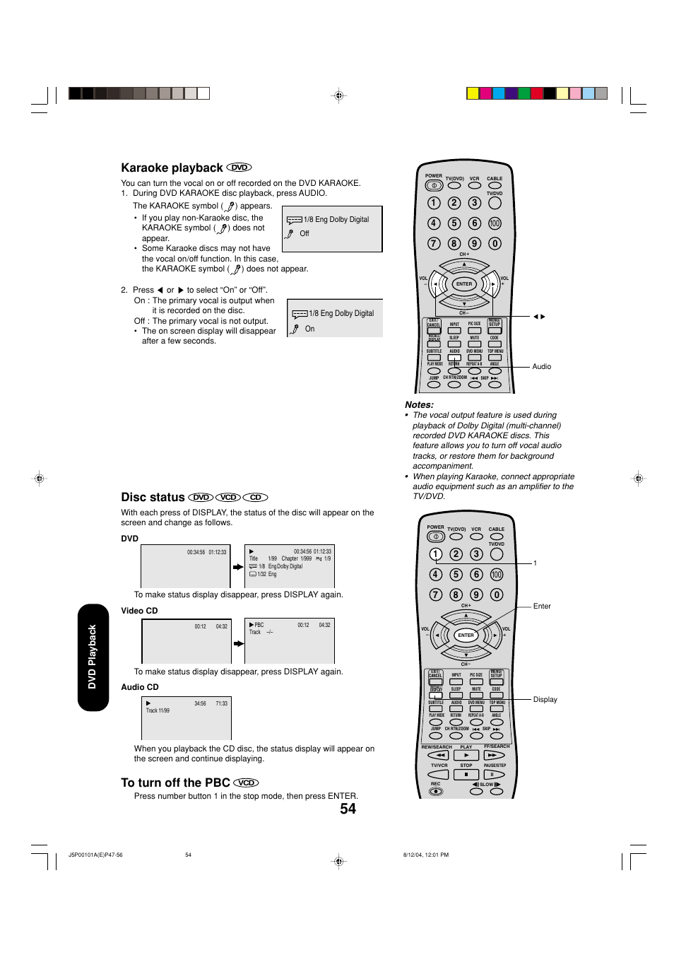 Karaoke playback, Disc status, Dvd playback | Toshiba 23HLV84 User Manual | Page 54 / 68