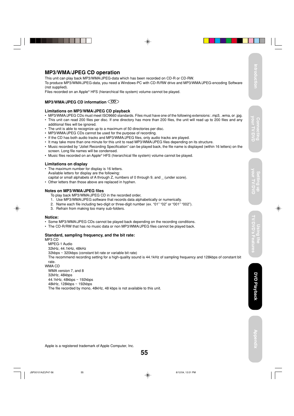 Mp3/wma/jpeg cd operation | Toshiba 23HLV84 User Manual | Page 55 / 68