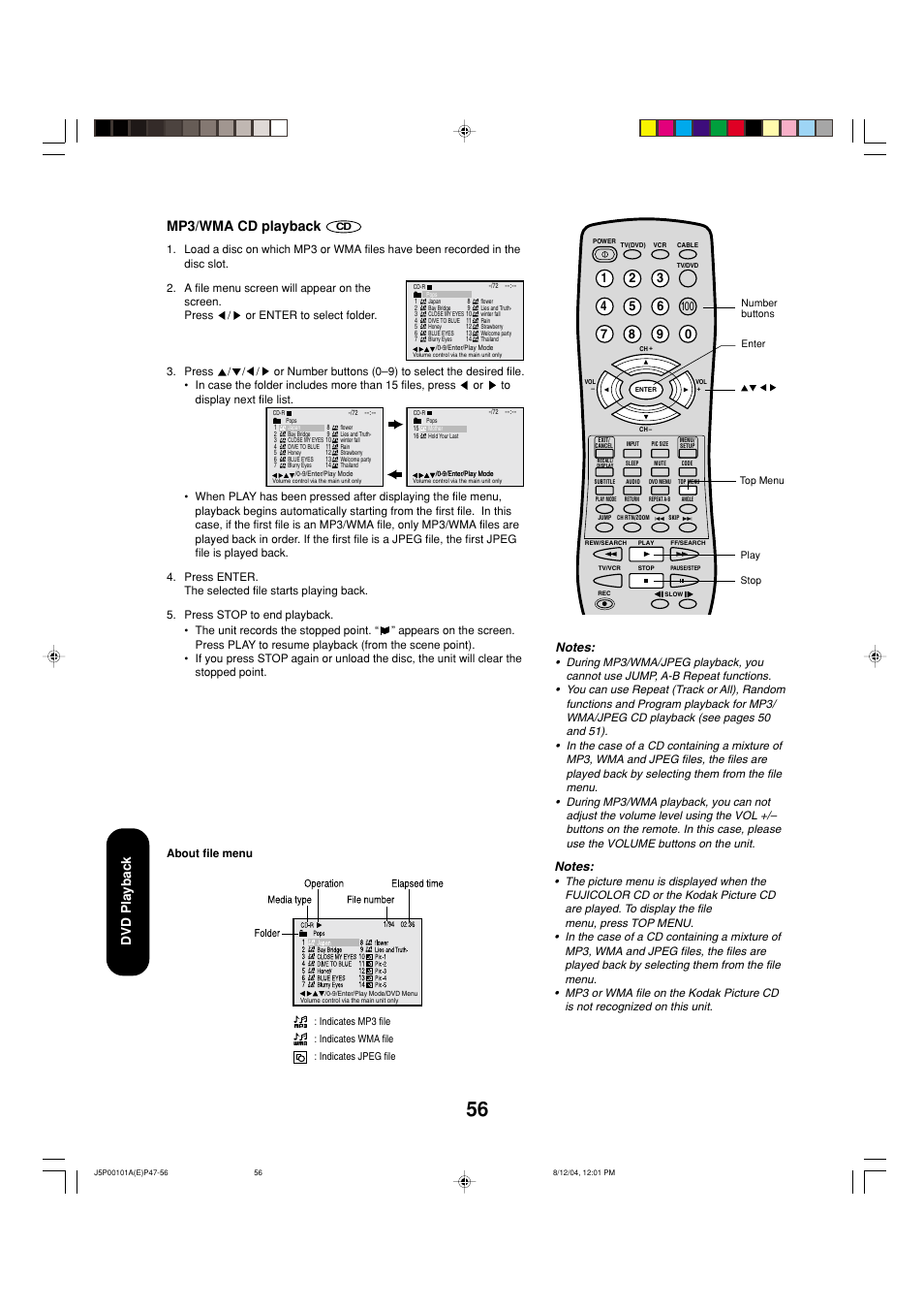 Mp3/wma cd playback, Dvd playback | Toshiba 23HLV84 User Manual | Page 56 / 68