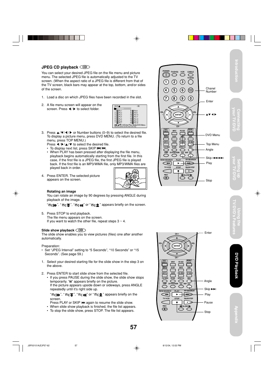 Jpeg cd playback, Dvd playback | Toshiba 23HLV84 User Manual | Page 57 / 68
