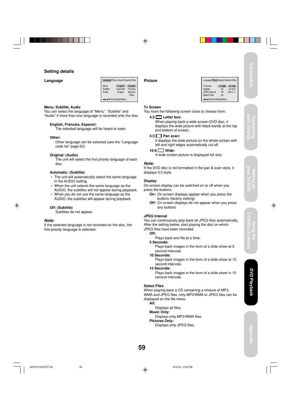 Setting details | Toshiba 23HLV84 User Manual | Page 59 / 68