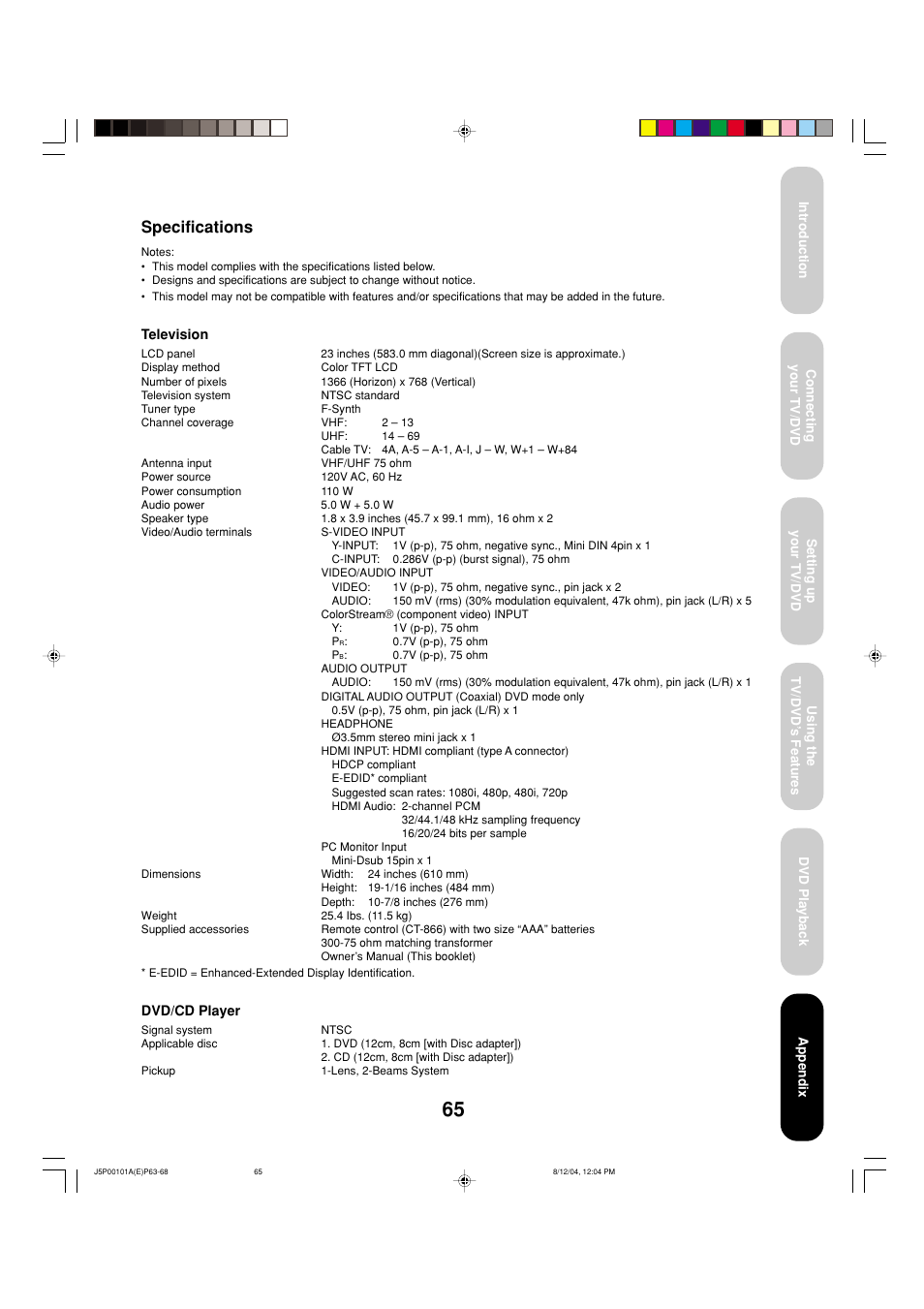 Specifications | Toshiba 23HLV84 User Manual | Page 65 / 68