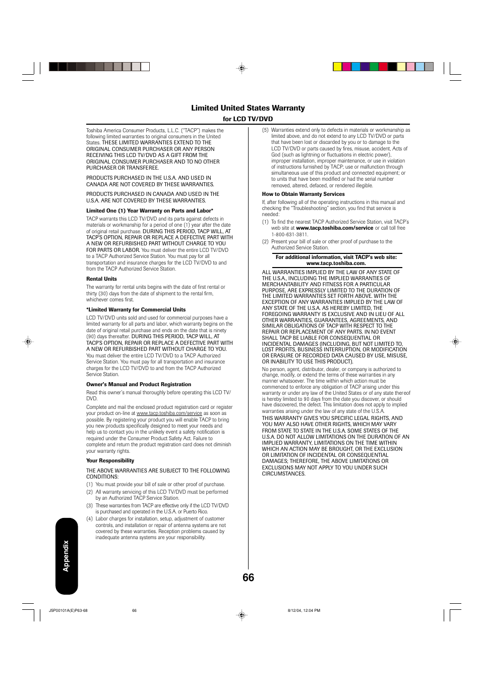 Limited united states warranty | Toshiba 23HLV84 User Manual | Page 66 / 68