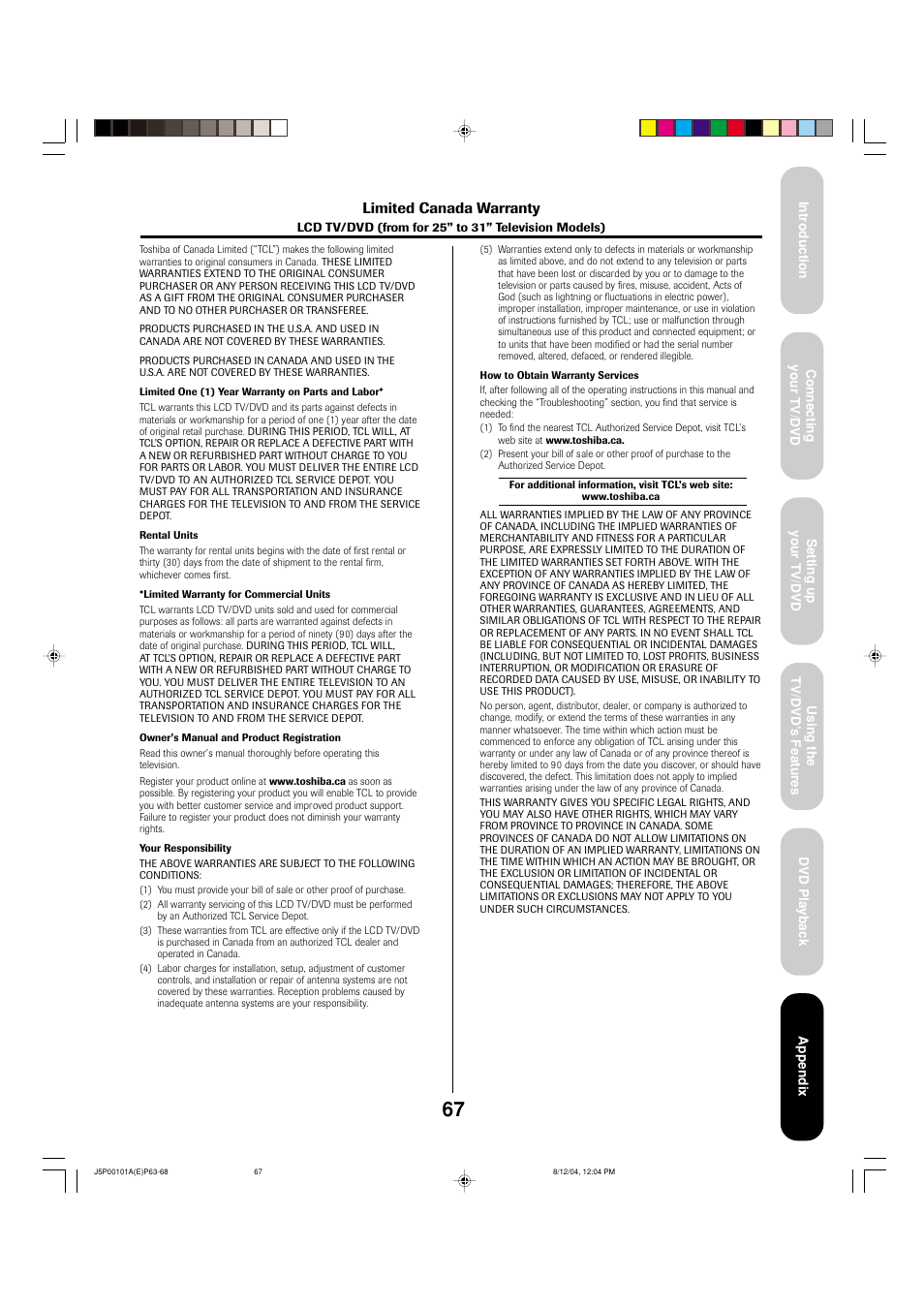 Limited canada warranty | Toshiba 23HLV84 User Manual | Page 67 / 68