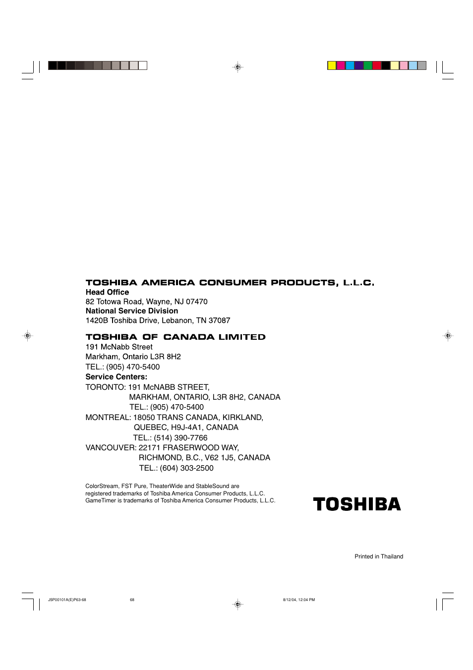 Toshiba 23HLV84 User Manual | Page 68 / 68