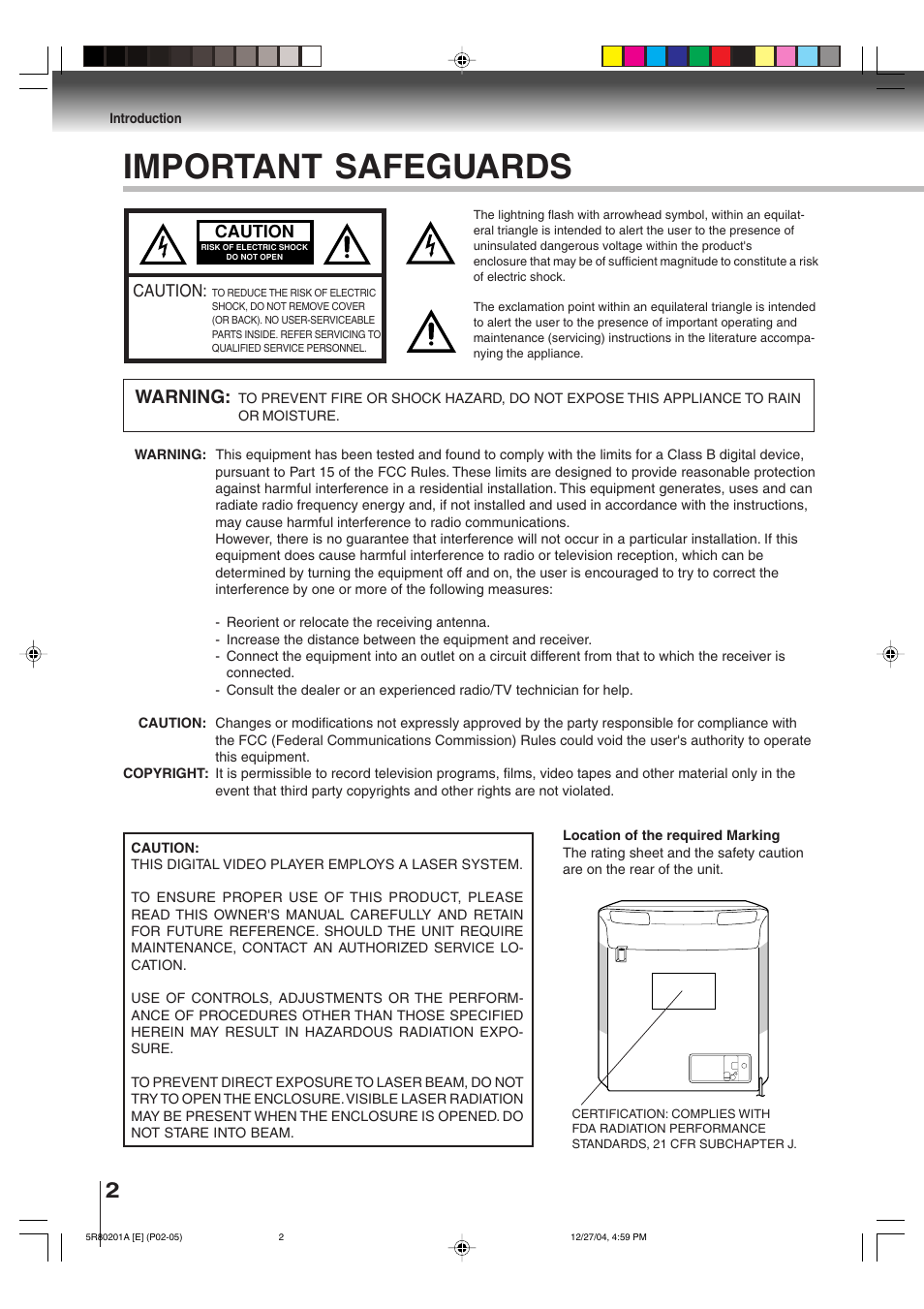 Important safeguards, Warning | Toshiba MD13Q11 User Manual | Page 2 / 52