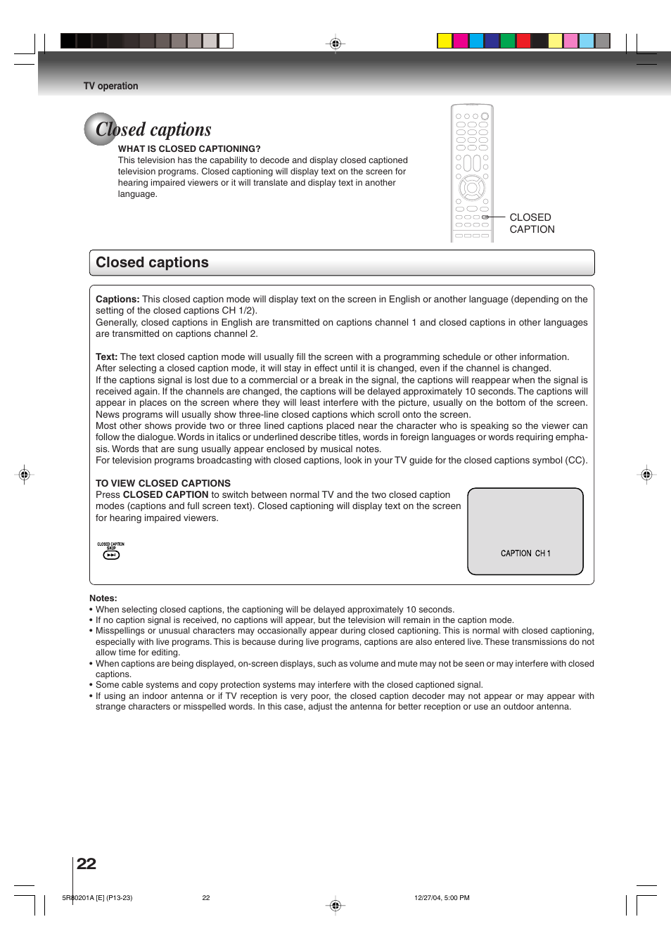 Closed captions | Toshiba MD13Q11 User Manual | Page 22 / 52