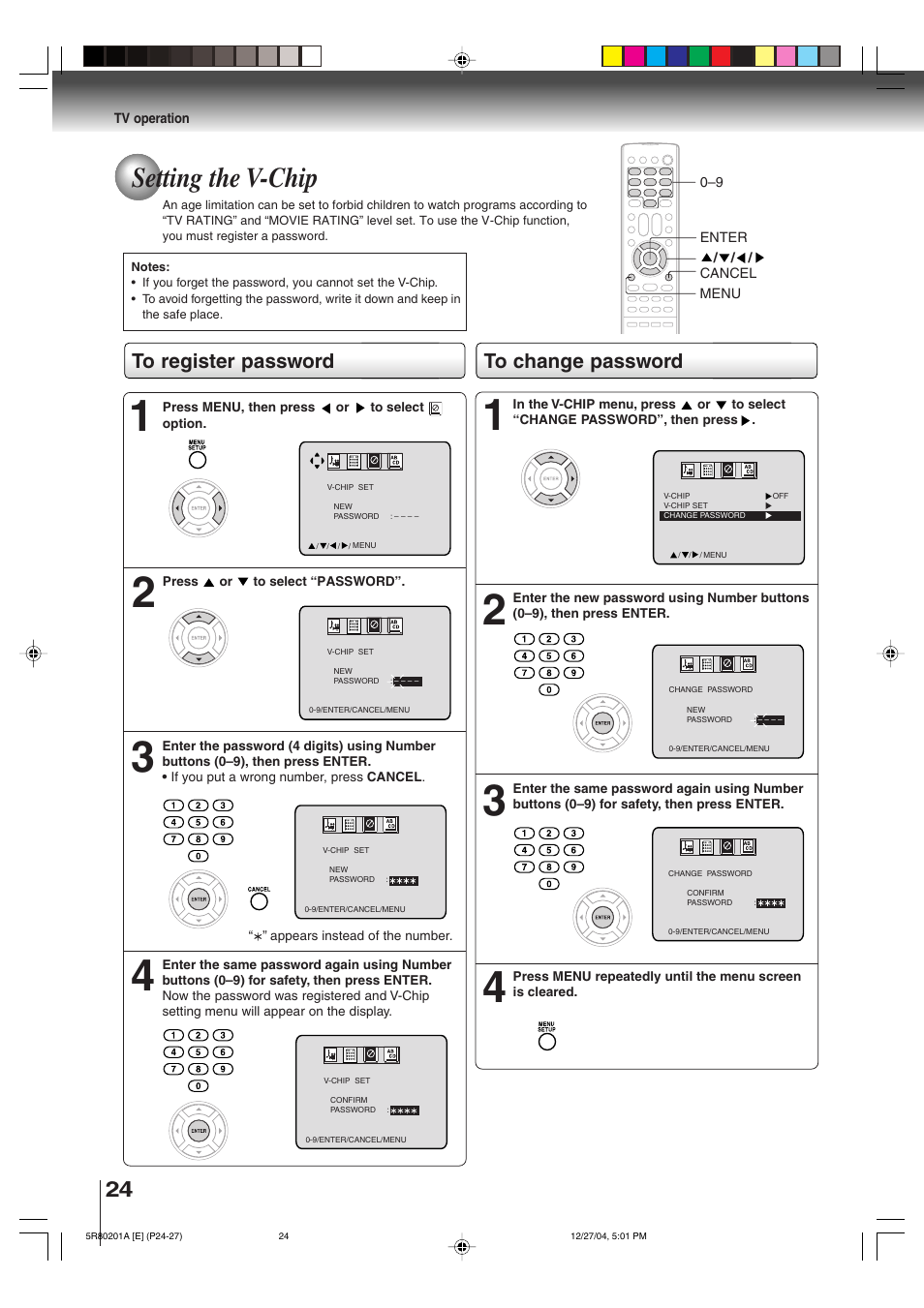 Setting the v-chip | Toshiba MD13Q11 User Manual | Page 24 / 52