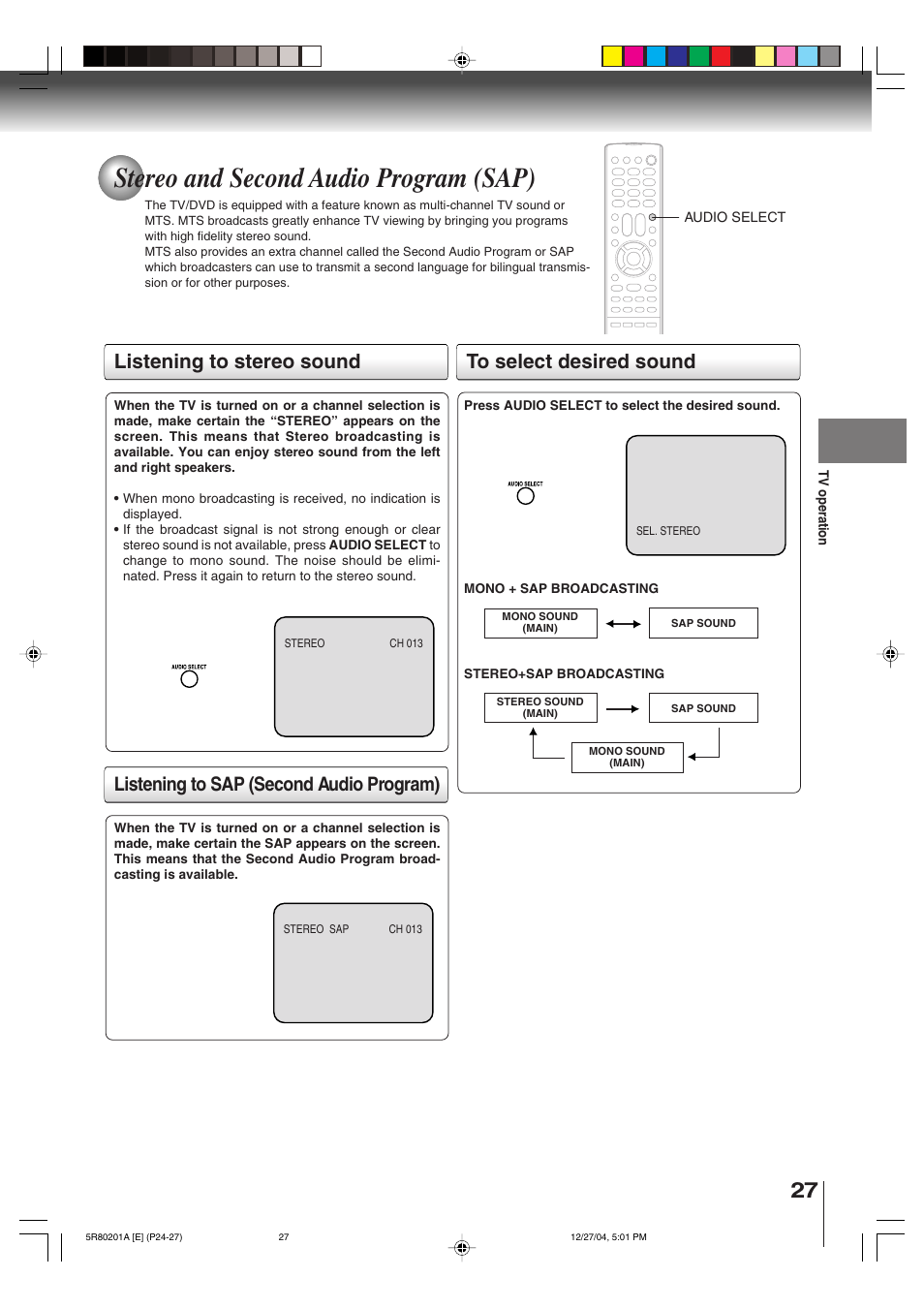 Stereo and second audio program (sap), Listening to sap (second audio program) | Toshiba MD13Q11 User Manual | Page 27 / 52