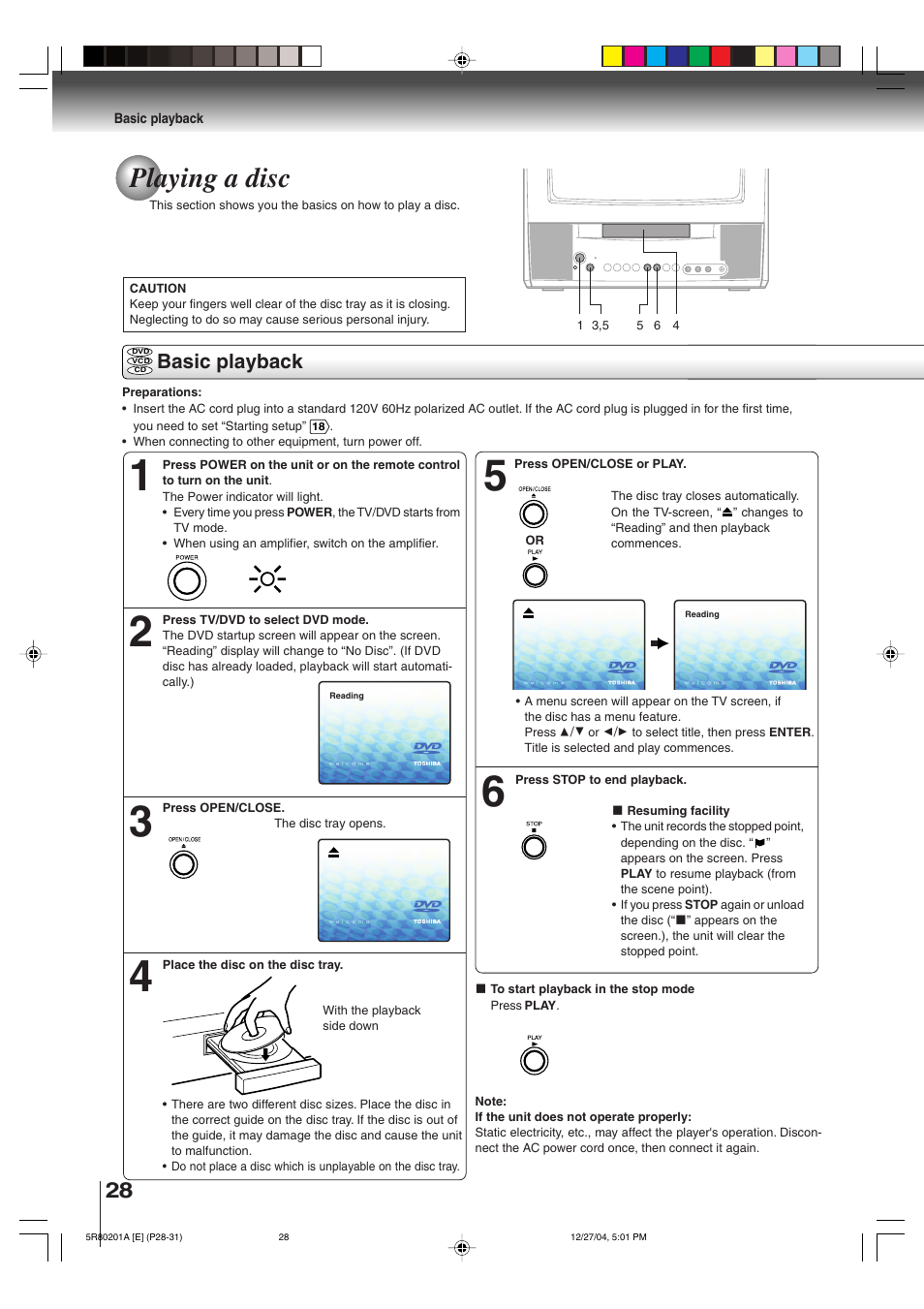 Playing a disc, Basic playback | Toshiba MD13Q11 User Manual | Page 28 / 52