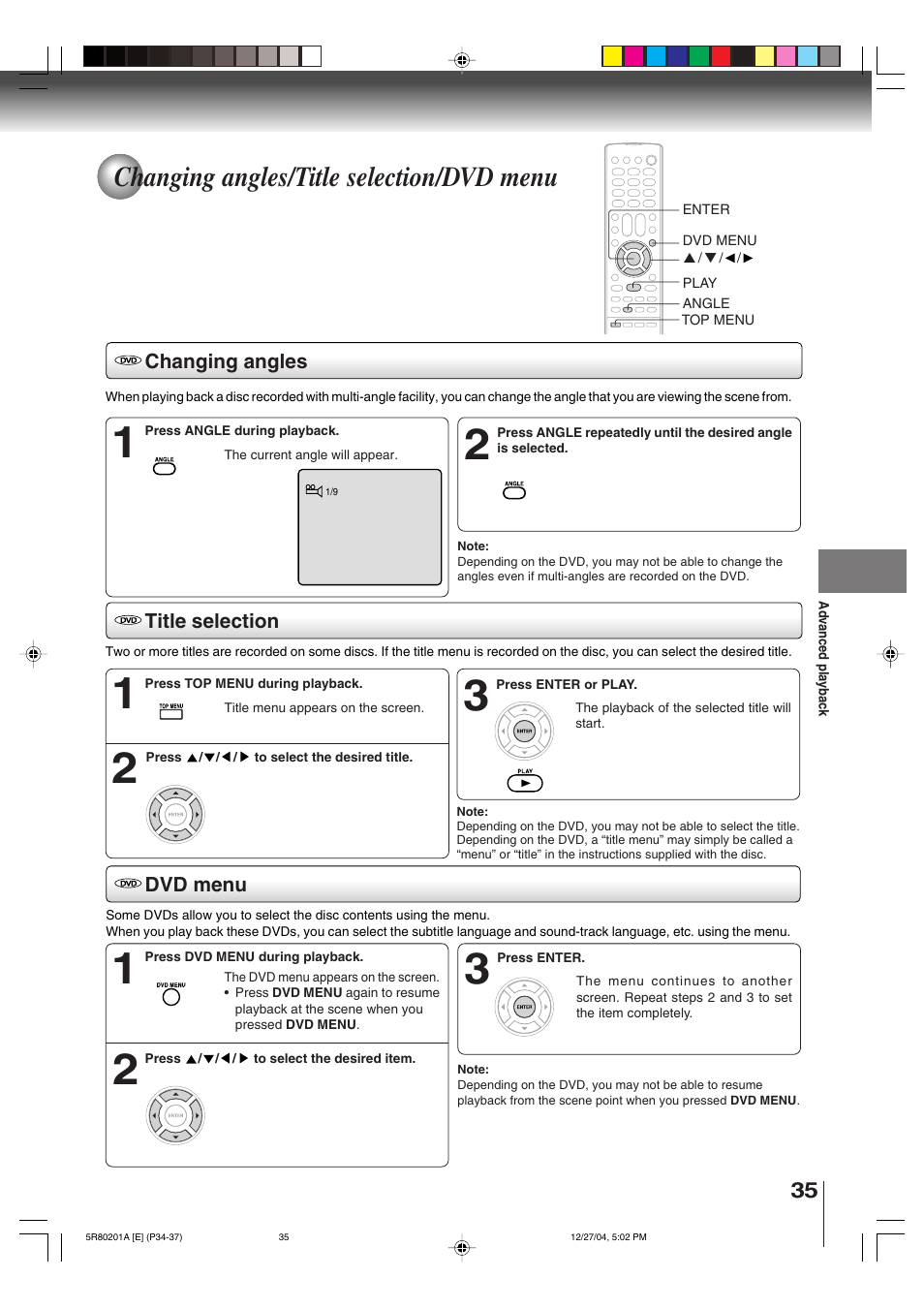 Changing angles/title selection/dvd menu | Toshiba MD13Q11 User Manual | Page 35 / 52