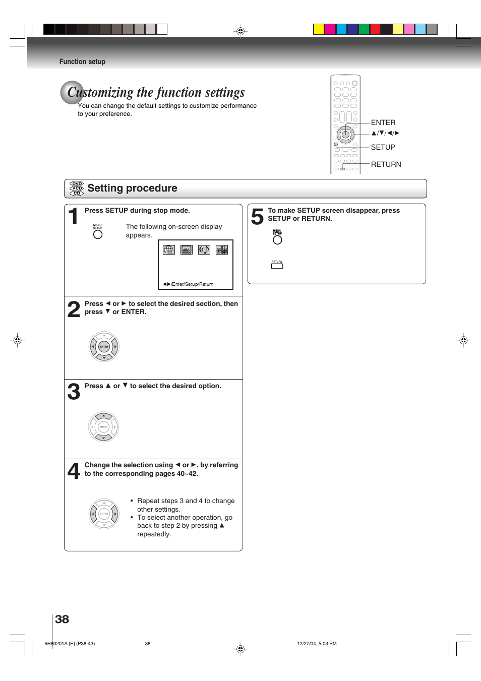 Customizing the function settings | Toshiba MD13Q11 User Manual | Page 38 / 52