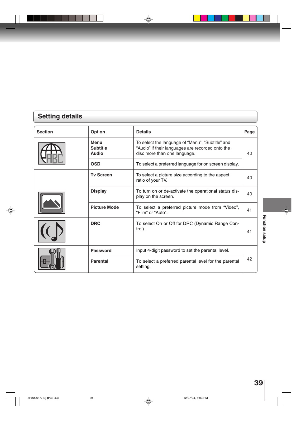 Setting details | Toshiba MD13Q11 User Manual | Page 39 / 52