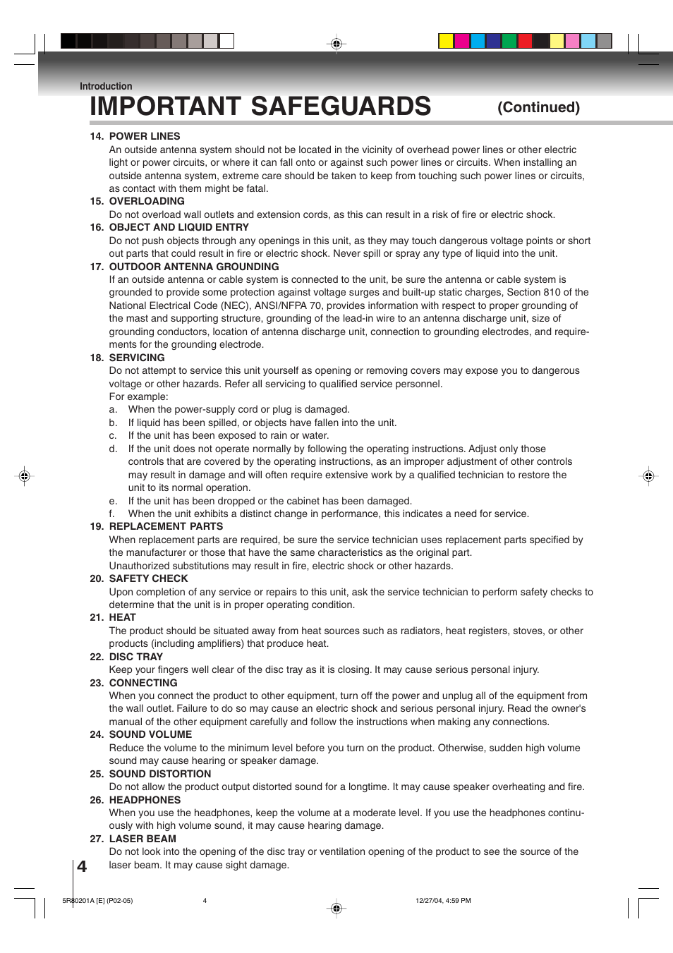 Important safeguards, Continued) | Toshiba MD13Q11 User Manual | Page 4 / 52
