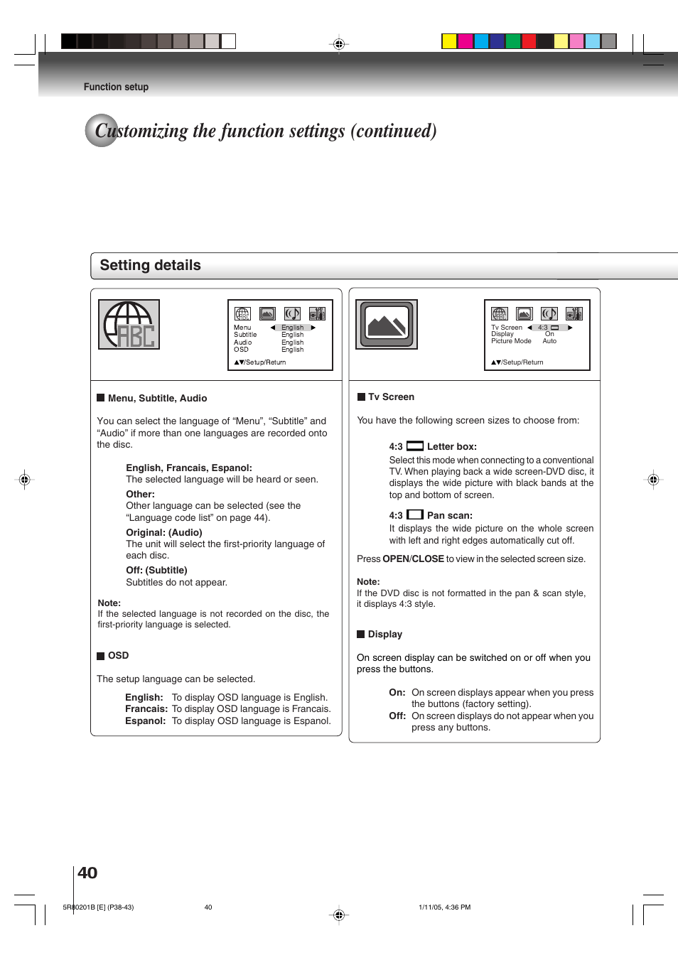 Customizing the function settings (continued), Setting details | Toshiba MD13Q11 User Manual | Page 40 / 52