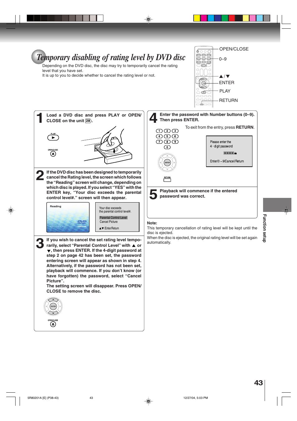 Temporary disabling of rating level by dvd disc | Toshiba MD13Q11 User Manual | Page 43 / 52