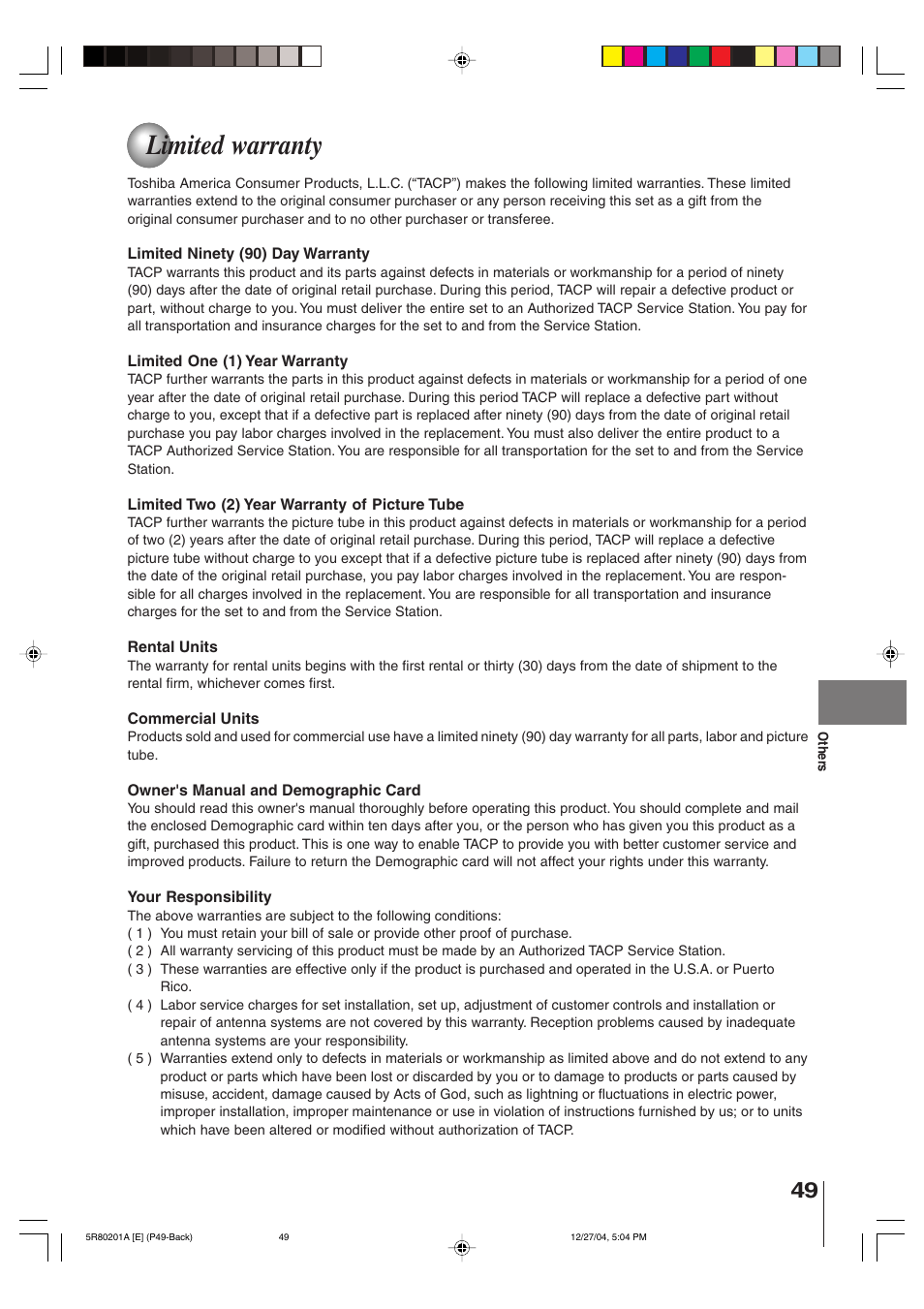 Limited warranty | Toshiba MD13Q11 User Manual | Page 49 / 52