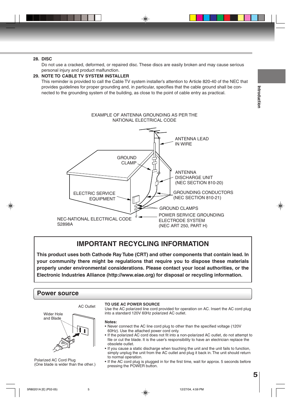 Important recycling information, Power source | Toshiba MD13Q11 User Manual | Page 5 / 52