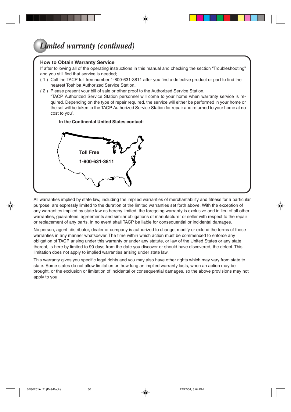 Limited warranty (continued) | Toshiba MD13Q11 User Manual | Page 50 / 52