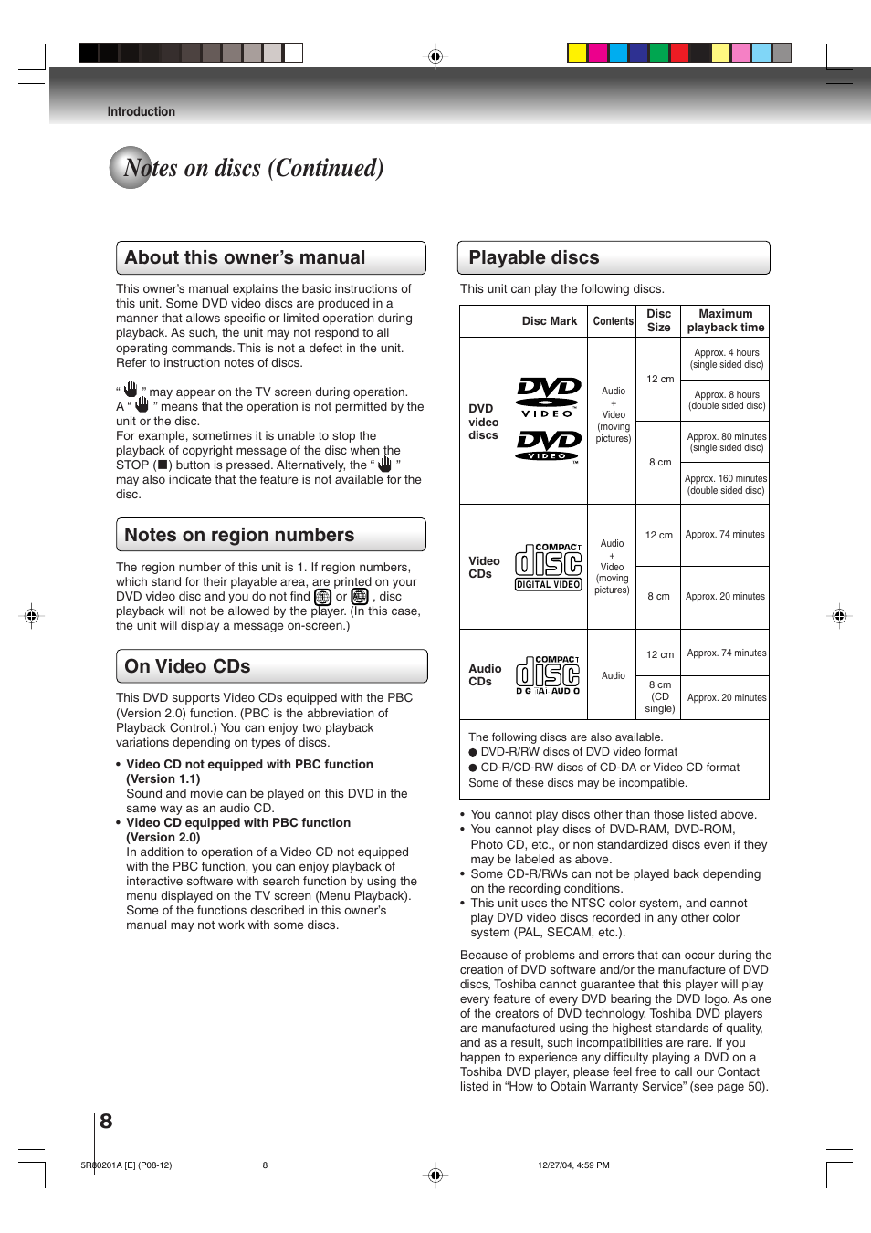 Playable discs, About this owner’s manual, On video cds | Toshiba MD13Q11 User Manual | Page 8 / 52
