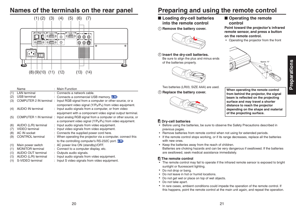 Names of the terminals on the rear panel, Preparing and using the remote control, P.21 | P.20, Preparations | Toshiba TDP-EX20 User Manual | Page 11 / 50