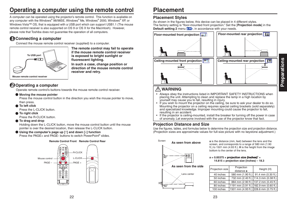 Operating a computer using the remote control, Placement, P.22 | Preparations, Connecting a computer, Operating a computer, Placement styles, Warning, Projection distance and size | Toshiba TDP-EX20 User Manual | Page 12 / 50