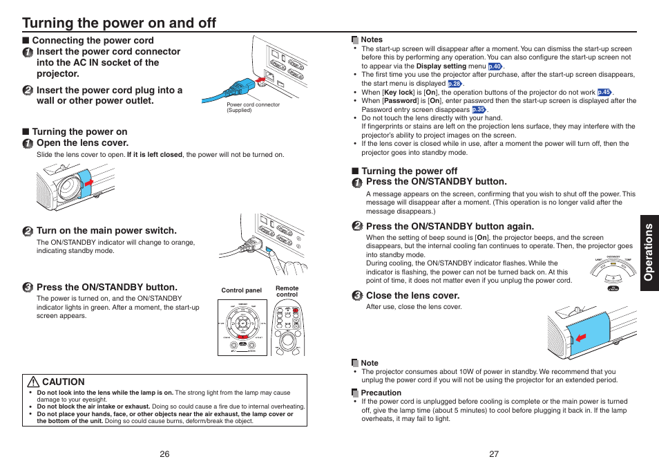 Operations, Turning the power on and off, P.26 | Toshiba TDP-EX20 User Manual | Page 14 / 50