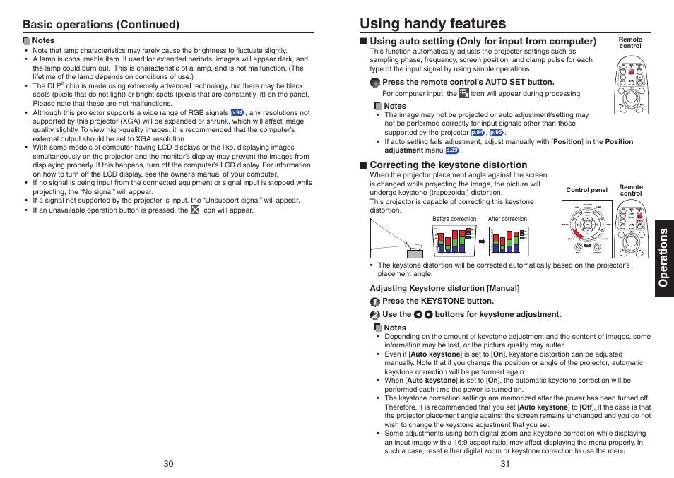 Using handy features, Using auto setting (only for input from computer), Correcting the keystone distortion | P.31, Operations, Basic operations (continued) | Toshiba TDP-EX20 User Manual | Page 16 / 50