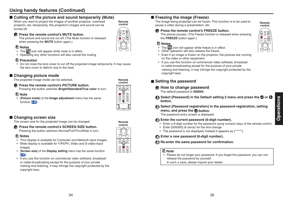 Changing picture mode, Changing screen size, Freezing the image (freeze) | Setting the password, P.34, P.35, Operations using handy features (continued) | Toshiba TDP-EX20 User Manual | Page 18 / 50