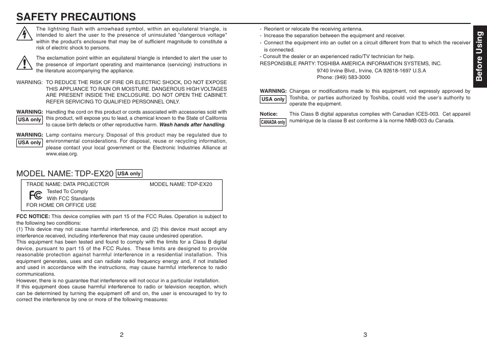 Before using, Safety precautions, Bef ore using | Model name: tdp-ex20 | Toshiba TDP-EX20 User Manual | Page 2 / 50