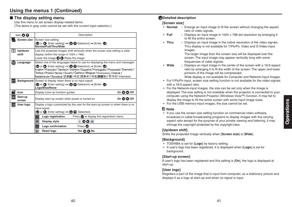 The display setting menu, P.40, Operations using the menus 1 (continued) | Toshiba TDP-EX20 User Manual | Page 21 / 50