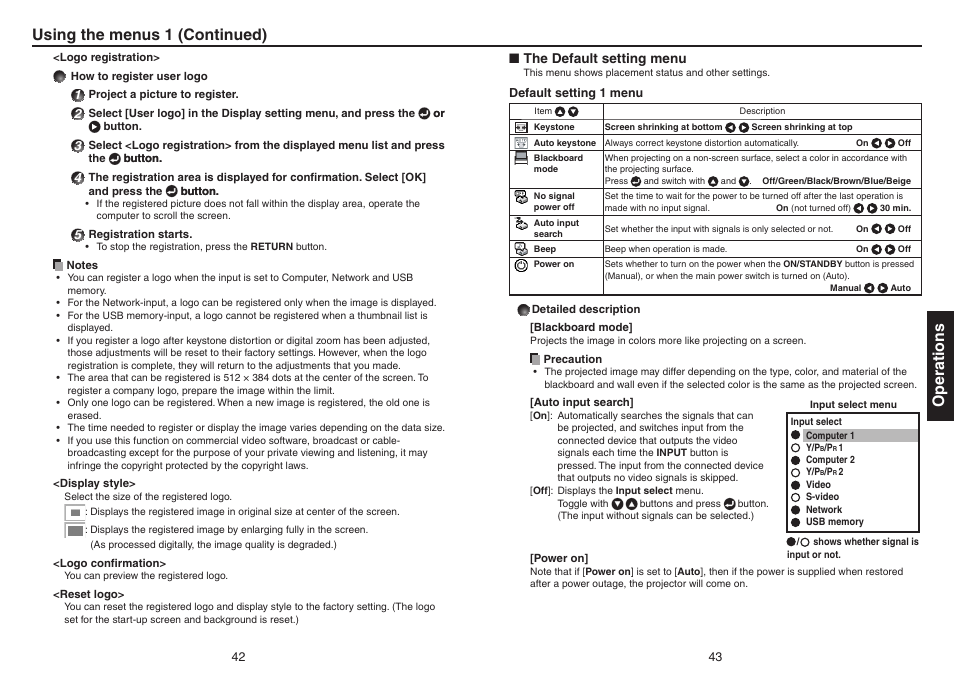 The default setting menu, P.43, Operations | Using the menus 1 (continued) | Toshiba TDP-EX20 User Manual | Page 22 / 50