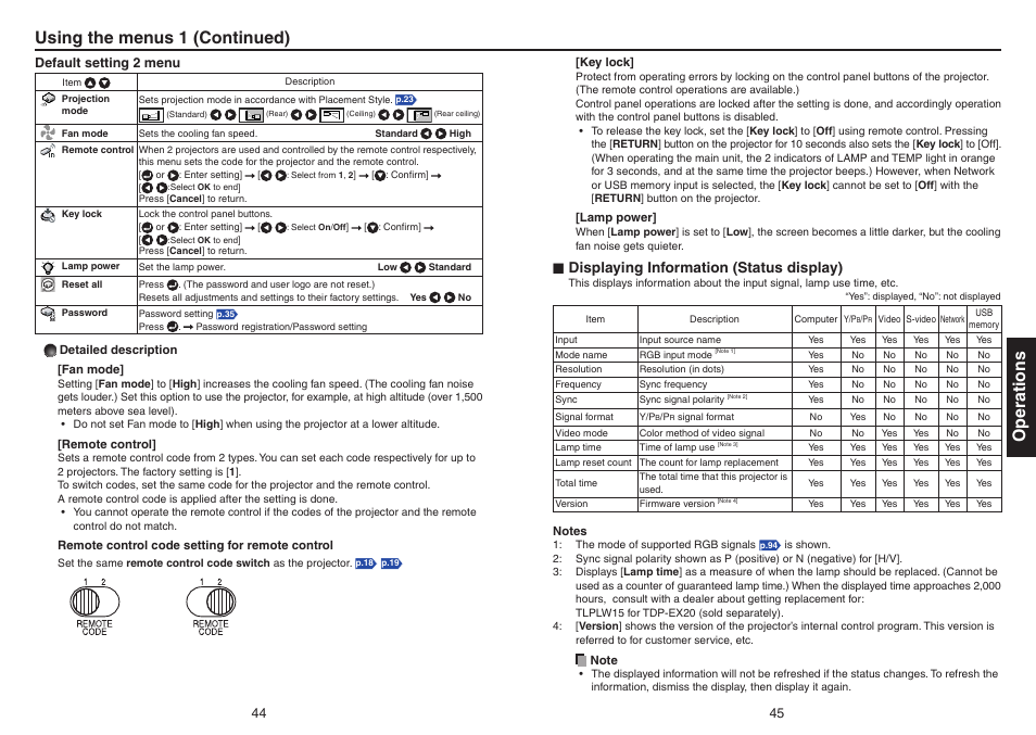 Displaying information (status display), P.44, P.45 | Operations using the menus 1 (continued) | Toshiba TDP-EX20 User Manual | Page 23 / 50