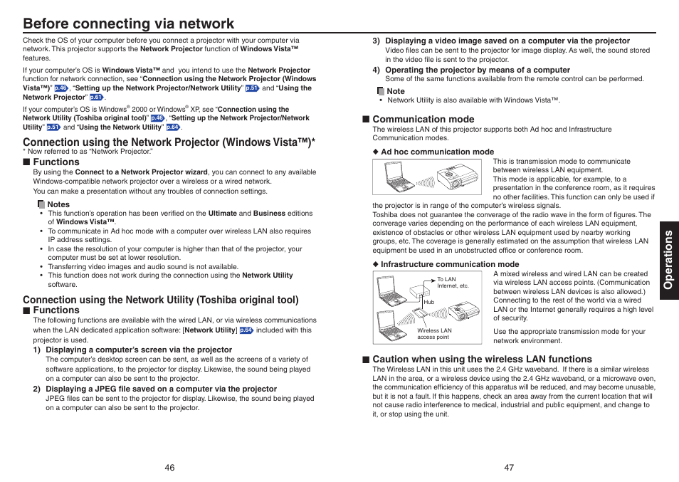 Before connecting via network, Communication mode, Operations | Toshiba TDP-EX20 User Manual | Page 24 / 50